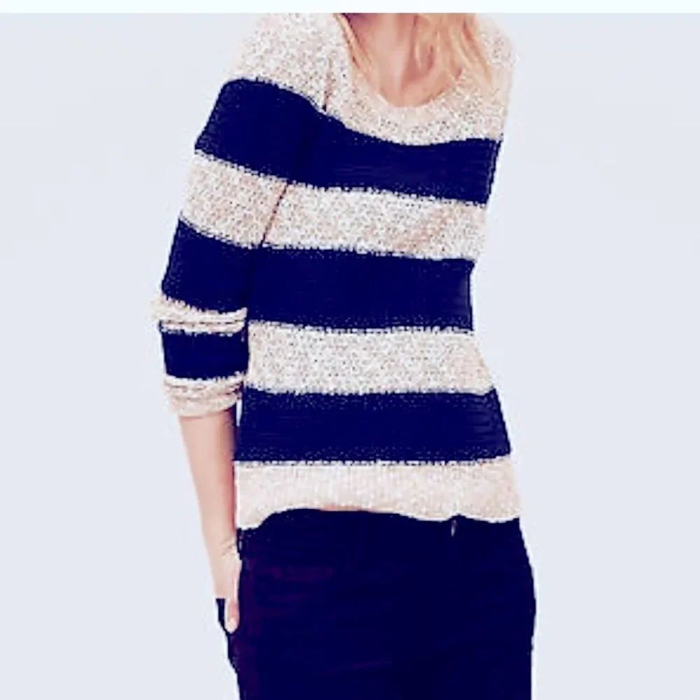 LOFT Beige and Navy Striped Cotton Linen Blend Loose Knit Sweater-L